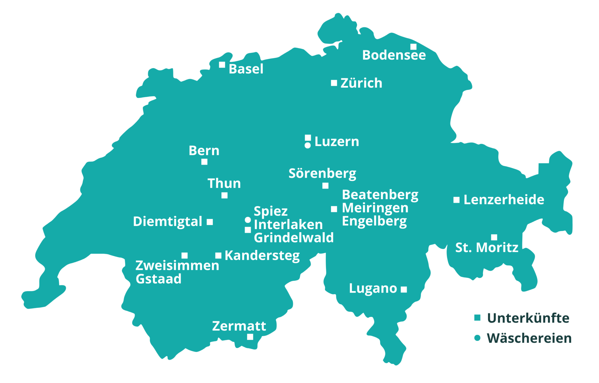 Karte mit den Regionen der Schweiz, in denen Immohost Ferienwohnungen betreut